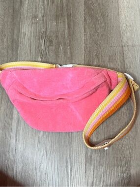 Pink Suede Crossbody Belt Bag with Striped Strap